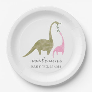 Assiettes En Carton Mama et bébé Dinosaur Baby shower rose