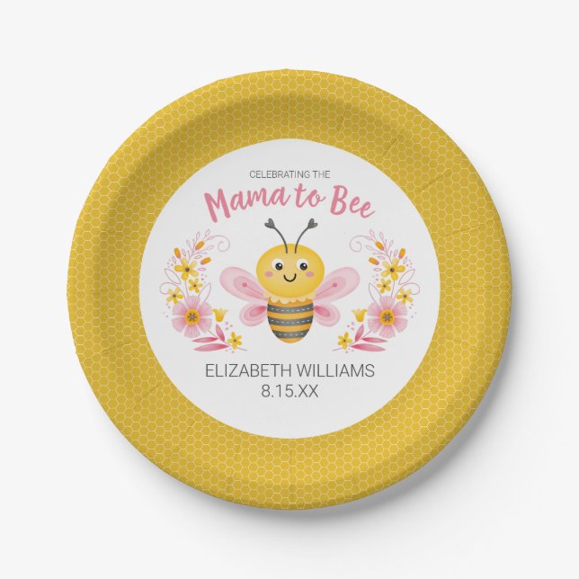Assiettes En Carton Mama to Bee Yellow Pink Baby shower (Devant)
