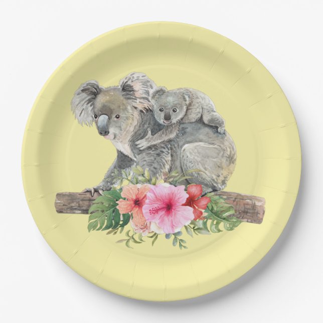 Assiettes En Carton Maman & Bébé Koala Ours Aquarelle mignonne (Devant)