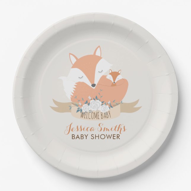 Assiettes En Carton Maman et Baby Fox Baby shower Personnalisé (Devant)