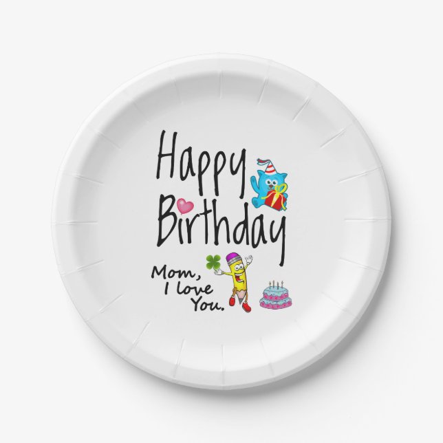 Assiettes En Carton Maman, je t'aime.Joyeux anniversaire. (Devant)