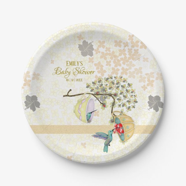 Assiettes En Carton Maman mignonne et bébé colibri floral (Devant)