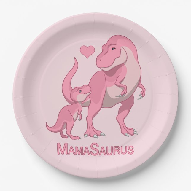 Assiettes En Carton MamaSaurus T-Rex et bébés dinosaures (Devant)