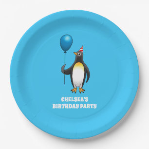 Assiettes En Carton Manchot avec un ballon bleu
