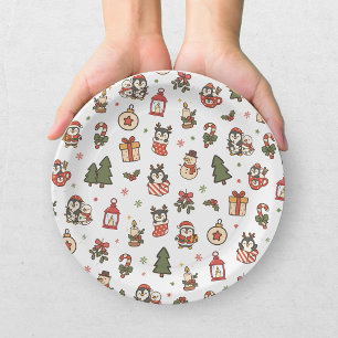 Assiettes En Carton Manchots de Noël Rouge Vert