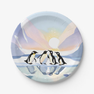 Assiettes En Carton Manchots Hiver Aquarelle   Neige et Glace Mignons
