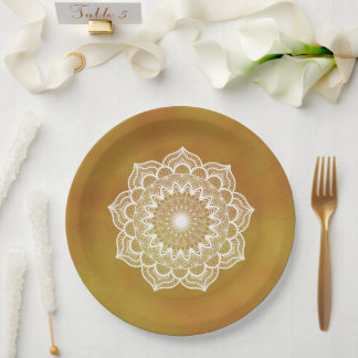Assiettes En Carton Mandala blanc sur fond doré