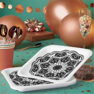 Assiettes En Carton Mandala carré floral noir et blanc