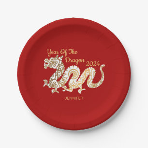Assiettes En Carton Mandala Dragon 2024 Chinois Nouvel An Rouge