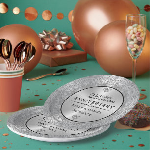 Assiettes En Carton Mandala en argent métallique 25e anniversaire modè