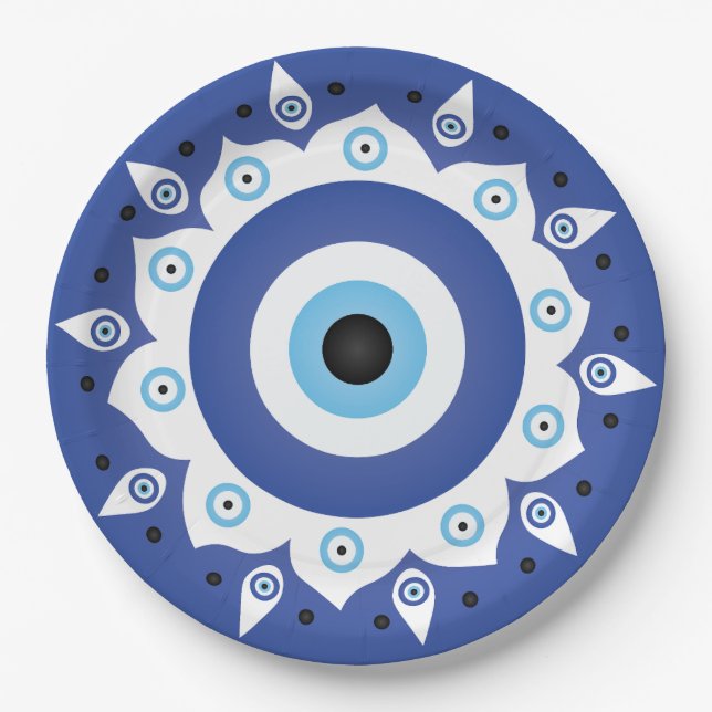 Assiettes En Carton Mandala Grec Mal Oeil Bleu Blanc (Devant)