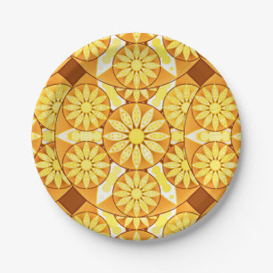 Assiettes En Carton Mandala motif, jaune, or et brun