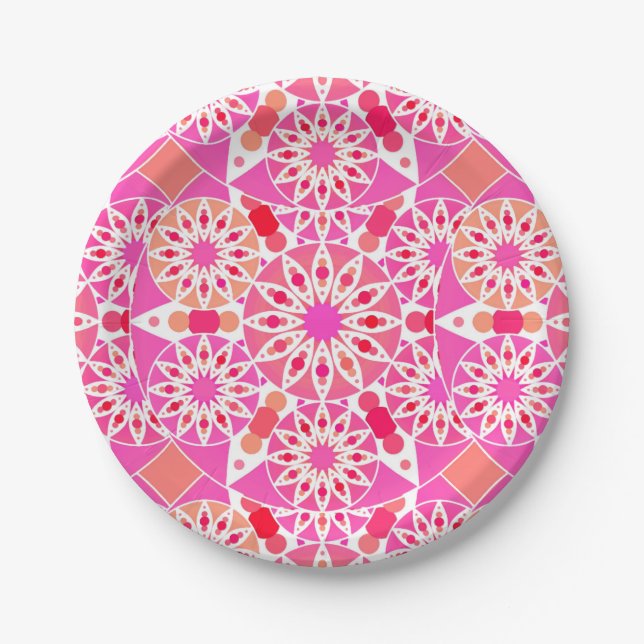 Assiettes En Carton Mandala motif, tons rose et corail (Devant)