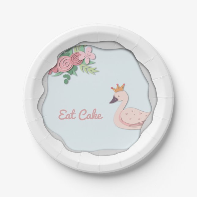 Assiettes En Carton Manger Gâteau Élégant cygne rose floral avec Couro (Devant)