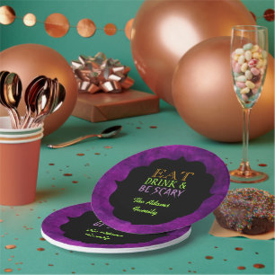 Assiettes En Carton Mangez Boire et soyez effrayant Halloween violet