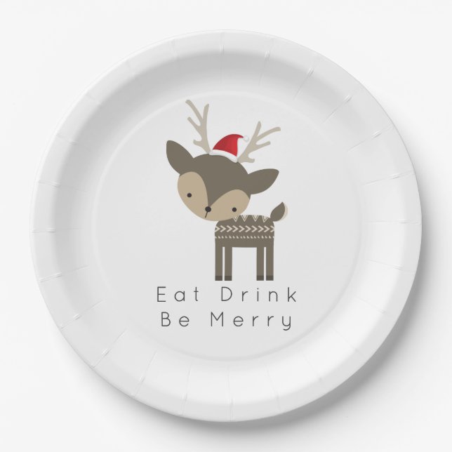 Assiettes En Carton Mangez Boire Soyez Joyeux Cerf De Noël En Chapeau  (Devant)