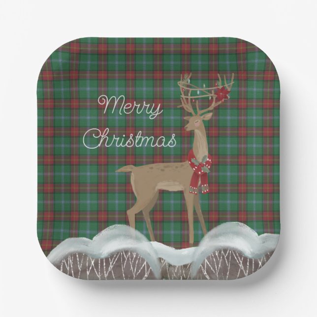 Assiettes En Carton Manitoba Tartan provincial et cerf de Noël (Recto)