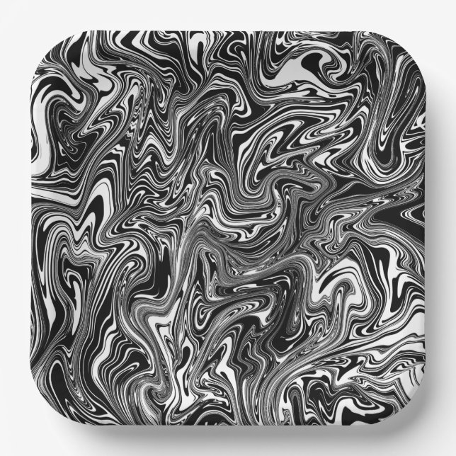 Assiettes En Carton Marbre Abstrait noir et blanc liquide (Recto)
