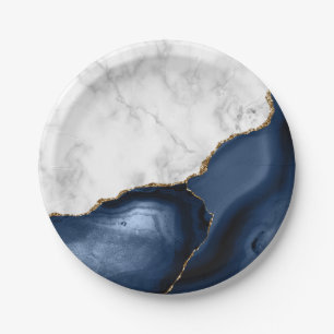Assiettes En Carton Marbre blanc Agate Navy Blue dorée