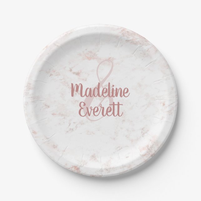 Assiettes En Carton Marbre blanc et Mariage or Rose Monogramme (Devant)