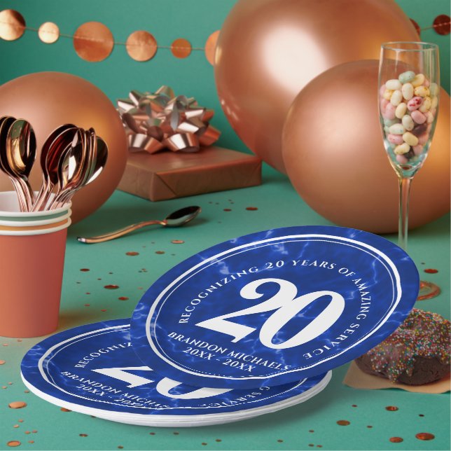 Assiettes En Carton Marbre Bleu Élégant 20 Anniversaire du travail (Multi)