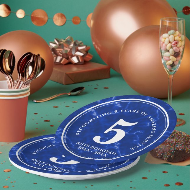 Assiettes En Carton Marbre Bleu Élégant 5 ans de travail Anniversaire (Multi)