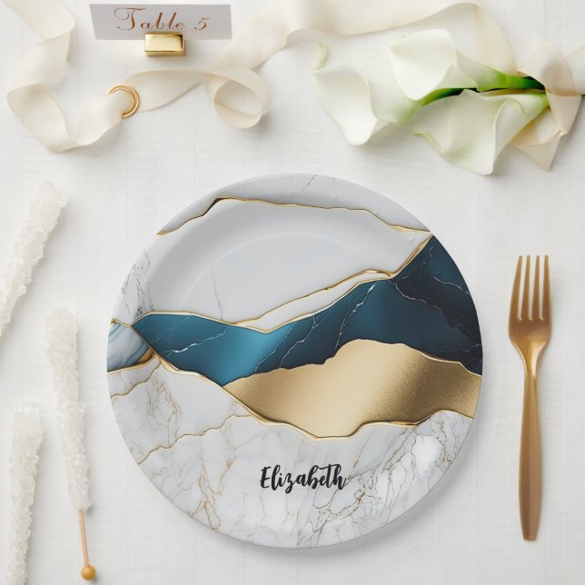 Assiettes En Carton Marbre de pierre de turquoise blanche Cool or (Mariage)