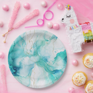 Assiettes En Carton Marbre d'encre or Mint Aqua