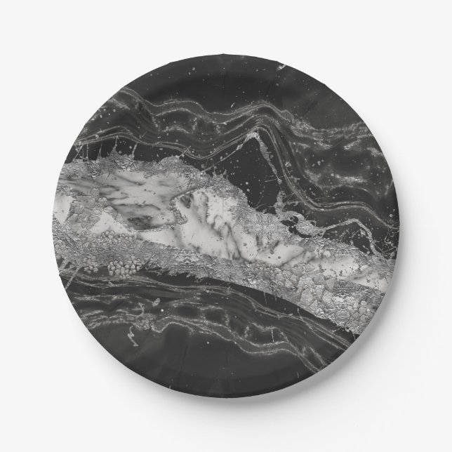 Assiettes En Carton Marbre gris et blanc et abstrait argenté (Devant)