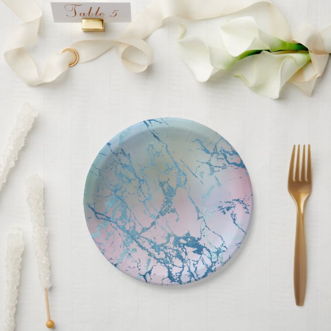 Assiettes En Carton Marbre Iridescente | Tendance Faux Holo bleu rose (Mariage)