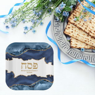 Assiettes En Carton Marbre Marine bleu et or Hébreu Pesach Sameach