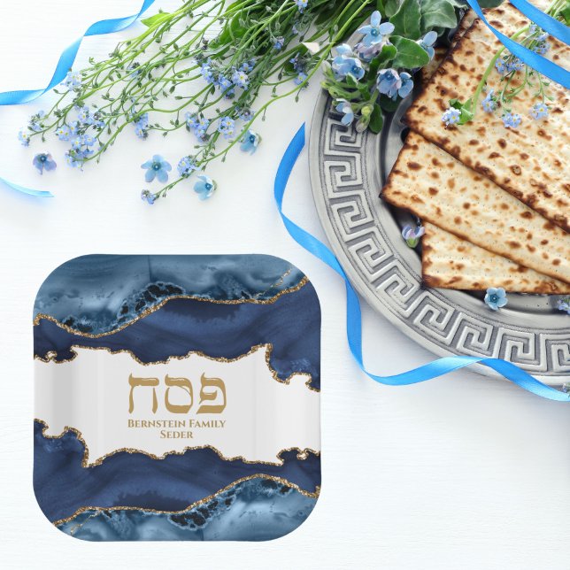 Assiettes En Carton Marbre Marine bleu et or Hébreu Pesach Sameach (Créateur téléchargé)