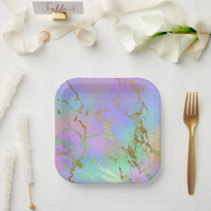 Assiettes En Carton Marbre Millénaire Ombré Pastel Arc-en-Ciel Ludiq