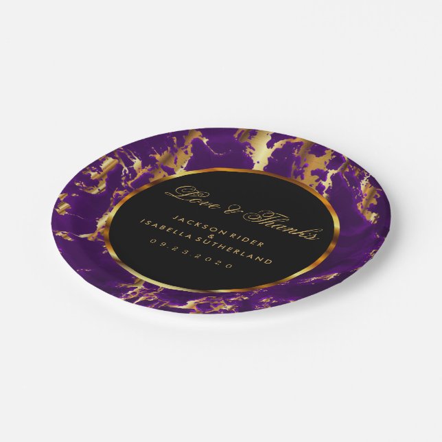 Assiettes En Carton Marbre noir, or et violet (Angle)