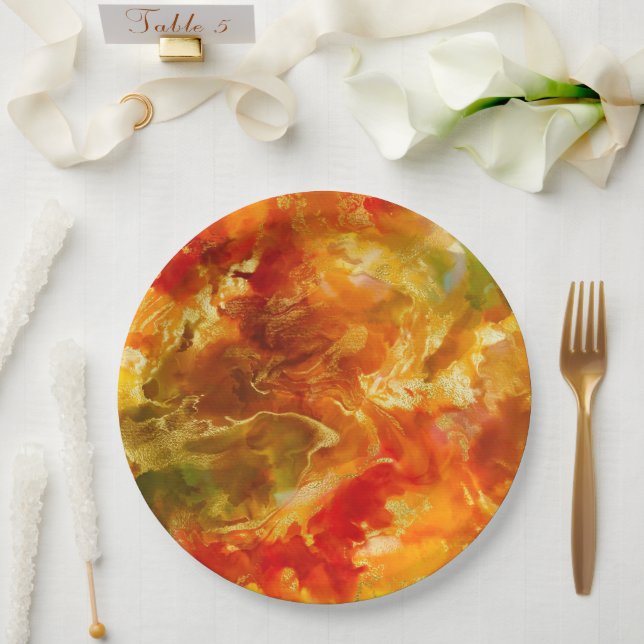 Assiettes En Carton Marbre rouge, or, orange, encre (Mariage)