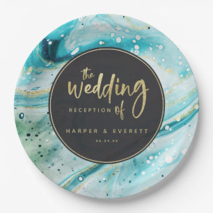Assiettes En Carton Marbre Turquoise Inky Splash avec Mariage Gold Lux