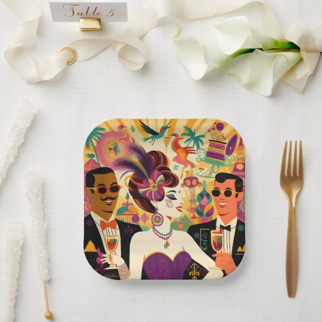 Assiettes En Carton Mardi Gras Cocktail Party du milieu du siècle (Mariage)