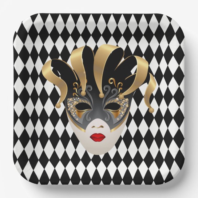 Assiettes En Carton Mardi Gras Diamant noir et blanc (Recto)
