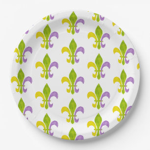 Assiettes En Carton Mardi Gras Fleur de Lis blanc