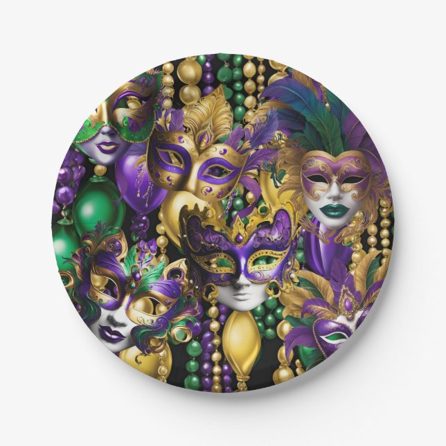Assiettes En Carton Mardi Gras Mardi Vert Purple Masques Perles (Devant)