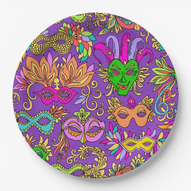 Assiettes En Carton Mardi Gras Masquerade Masque vert violet clair (Devant)