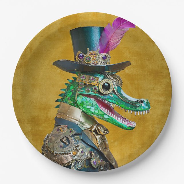 Assiettes En Carton Mardi Gras Steampunk Party Animal Alligator (Devant)