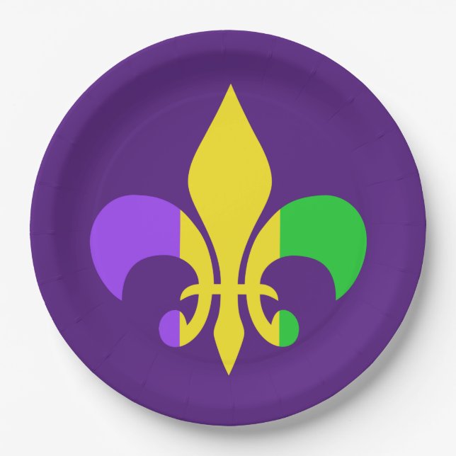 Assiettes En Carton Mardi Gras Vert Jaune Violet Fleur de Lis (Devant)
