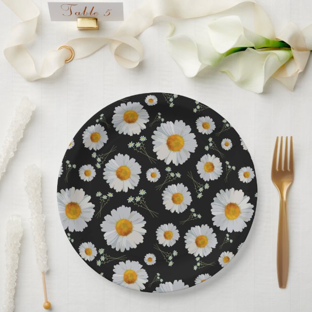 Assiettes En Carton Marguerites en noir (Mariage)