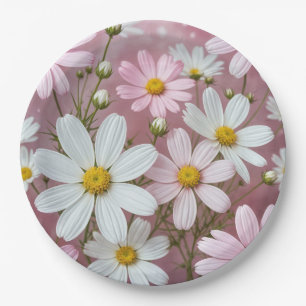 Assiettes En Carton Marguerites roses et blanches d'été
