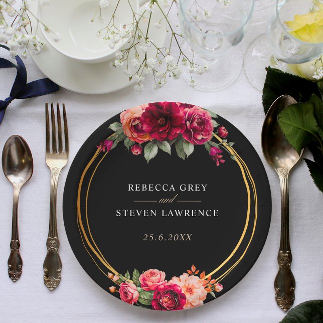 Assiettes En Carton Mariage à fleurs noir rouge chic (Créateur téléchargé)