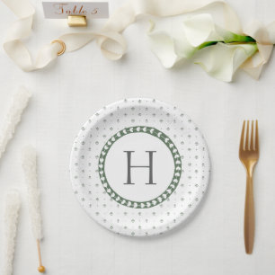 Assiettes En Carton Mariage à impression botanique verte et blanche