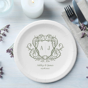 Assiettes En Carton Mariage à la Crête de Monogramme de Sauge Rose Ram