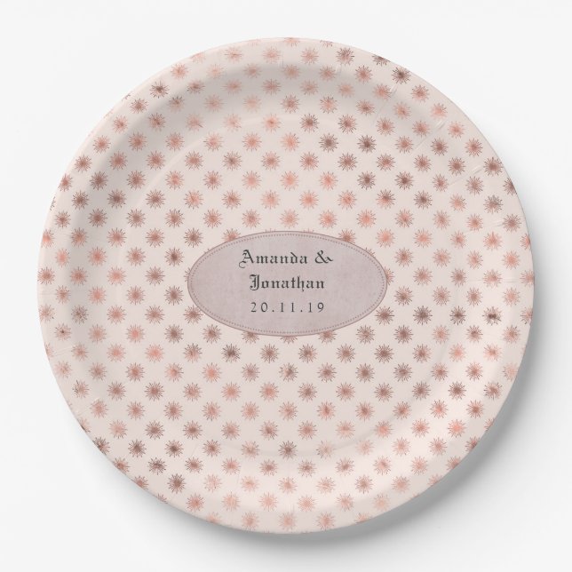 Assiettes En Carton Mariage à la feuille de rose et au rose gold (Devant)