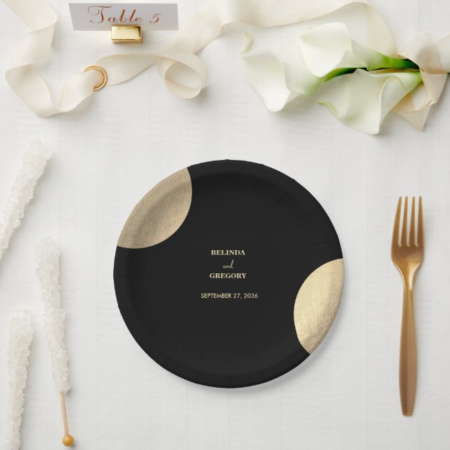 Assiettes En Carton Mariage Abstrait moderne Noir & Or contemporain (Mariage)